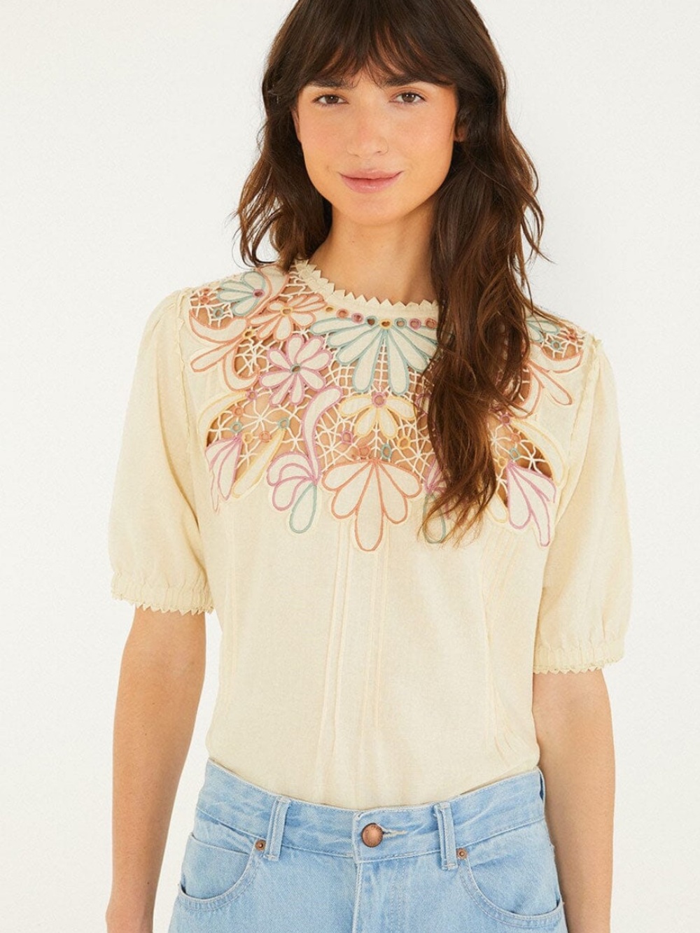 Farm Rio Beige Flower Embroidery Short Sleeve Blouse